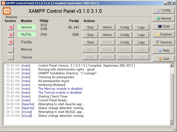 کنترل پنل xampp - استارت و استپ سرویس ها