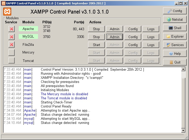 کنترل پنل XAMPP